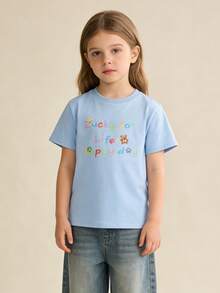 Balabala Girls' Short Sleeve T-Shirt, Round Neck, Breathable Quick-Dry Fabric, Soft And Comfortable, Suitable For Summer Wear - Light Blue - View 3