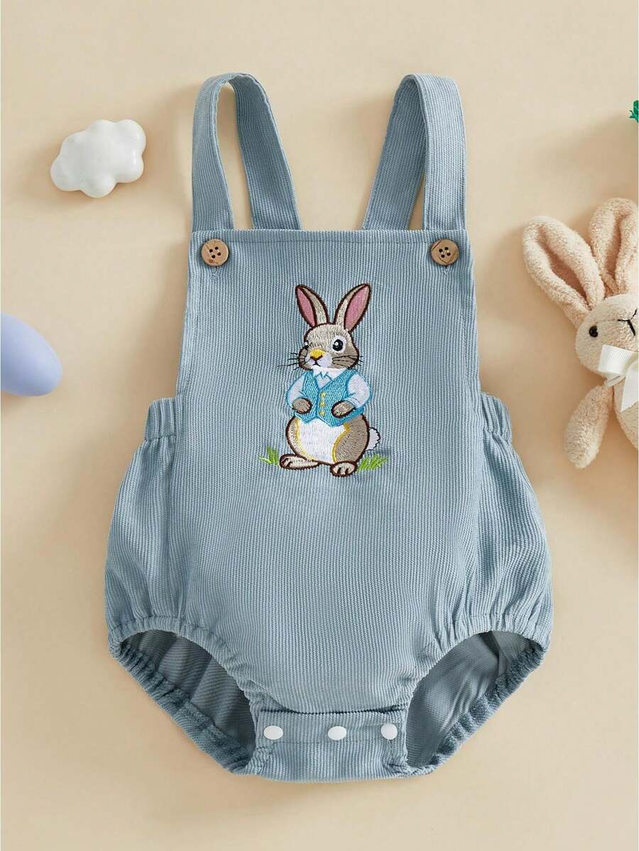 Newborn Baby Boy Girl Easter Outfit Embroidery Bunny Sleeveless Backless Romper Corduroy Overalls Infant Easter Summer Clothes 0-18M - Màu xanh lam - Xem 1