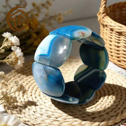 Zhenwei xina A Bohemian Natural Brazil Blue White Stripe Bracelet Natural Gemstone.Suitable For Women To Wear On A Daily Basis Or As A Holiday Gift For Friends.