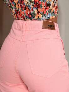 Women's Wide Leg Pants, Multicolored Pink, Casual, With Pockets, Button, And Zipper, For Everyday Wear. - Baby Pink - View 2
