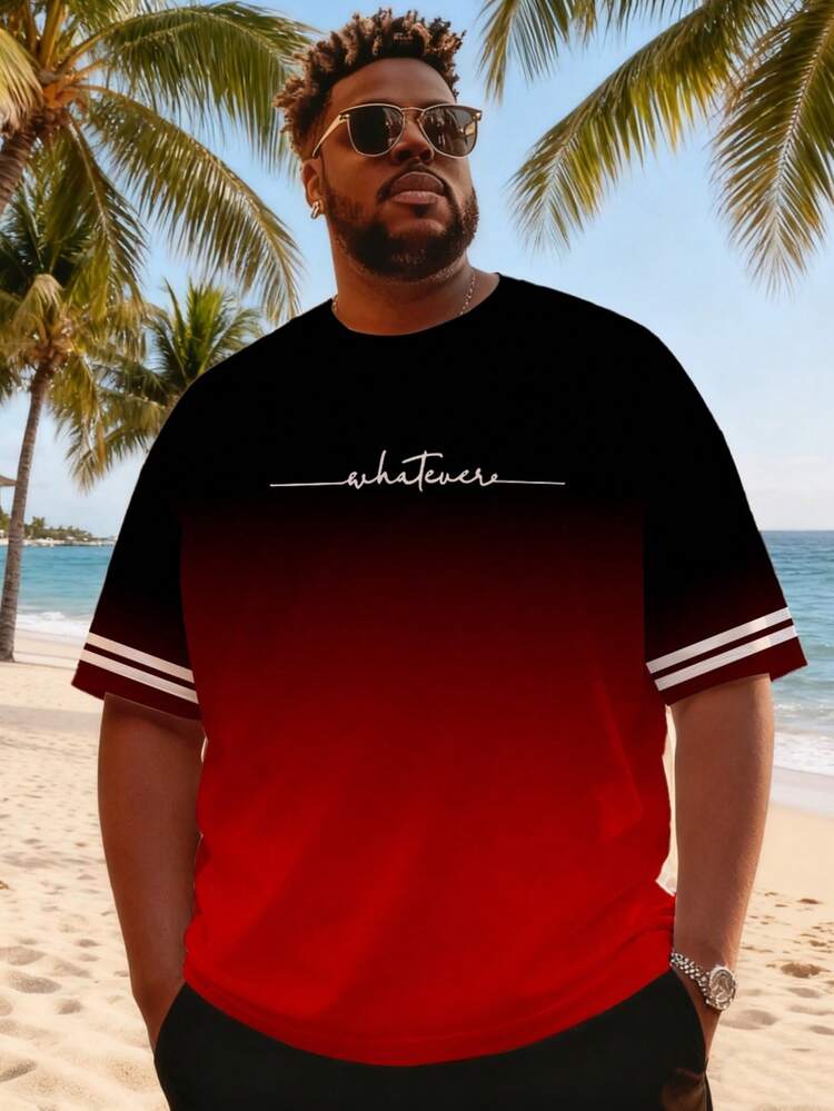 Plus Size Men's Fashionable Striped Ombre Short Sleeve T-Shirt, Black & Red Contrast Color Letter Print Casual Tee, Plus Size Streetwear Workout Top For Summer Daily And Exercise - Multicolor - View 7