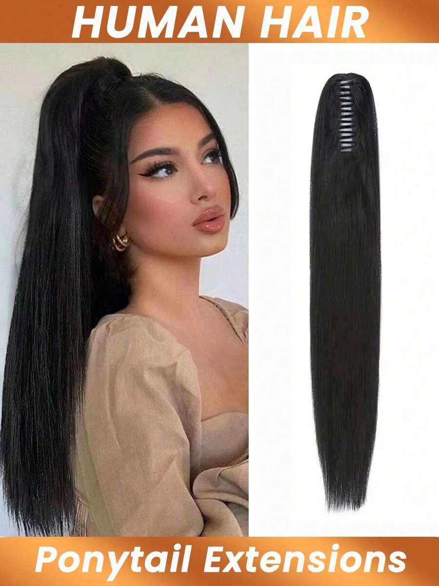 夹式马尾假发，直发，真人发，夹式马尾，波浪卷发假发，Remy真人发，自然色，女士马尾假发 - Natural Black - 查看 1