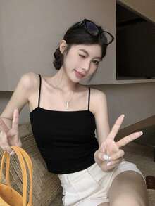 性感褶皱黑色吊带背心，带胸垫，无袖修身款，适合夏季穿着，可叠穿或外穿，休闲百搭。 - 黑色 - 查看 5