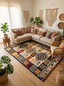 1PC Colorful Geometric Patchwork Area Rug, Bohemian Kilim Style Polyester Rectangular Carpet With Vintage Pattern Detail, Decorative Floor Rug For Living Room, Bedroom & All-Season Home Decor - A - View 2