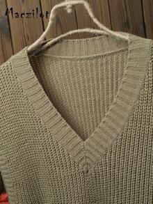 Áo len chui đầu không tay cổ chữ V thoải mái, dáng rộng cho nữ cỡ lớn - Màu Khaki - Xem 6