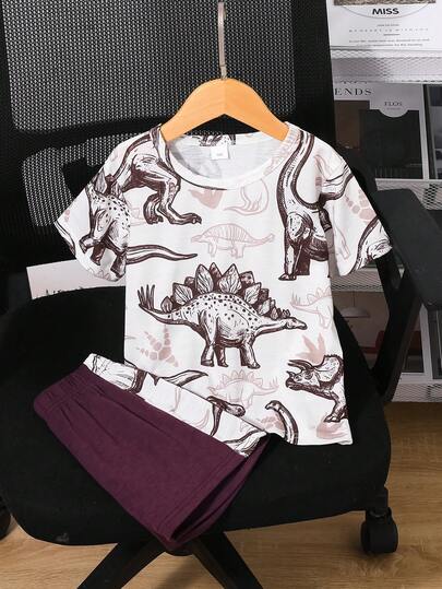 2pcs/Set Toddler Boys' Summer Casual Dinosaur Letter Print Round Neck T-Shirt And Shorts Set, Suitable For Vacation, School, 4-7Y