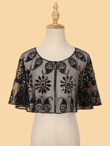 1pc Sequin Shawl Collar Mesh Yoke Top - Multicolor - View 4