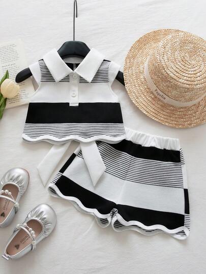 2件套女婴夏季新款经典黑白撞色领荷叶袖露背蝴蝶结装饰上衣和条纹休闲舒适运动短裤套装，适合户外穿着