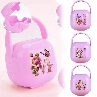 Pacifier Storage Box Baby Teether Storage Case Portable Handheld Pacifier Organizer Casket Dustproof Easy-Clean Sterilizable Personal Item Organizer Portable Travel Essentials Initial Name 26 Letters Pattern