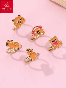 5 pièces/set Bagues réglables en alliage de zinc de design de capybara coloré, bijoux mignons convenant pour le port quotidien et décontracté des enfants - Taille Unique - Voir 1