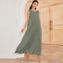 Solid Color Pearl Sheen Round Neck Sleeveless Casual Shift Dress Spring - Green - View 1