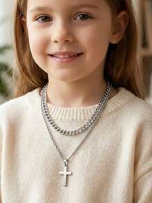 1pc Children's Popular Fashion Cross Decor Twist Cord Necklace & 1pc NK Cuban Link Chain Necklace, Unisex Kids Layered Necklaces, Streetwear Jewelry, Daily Wear - Silver - View 4