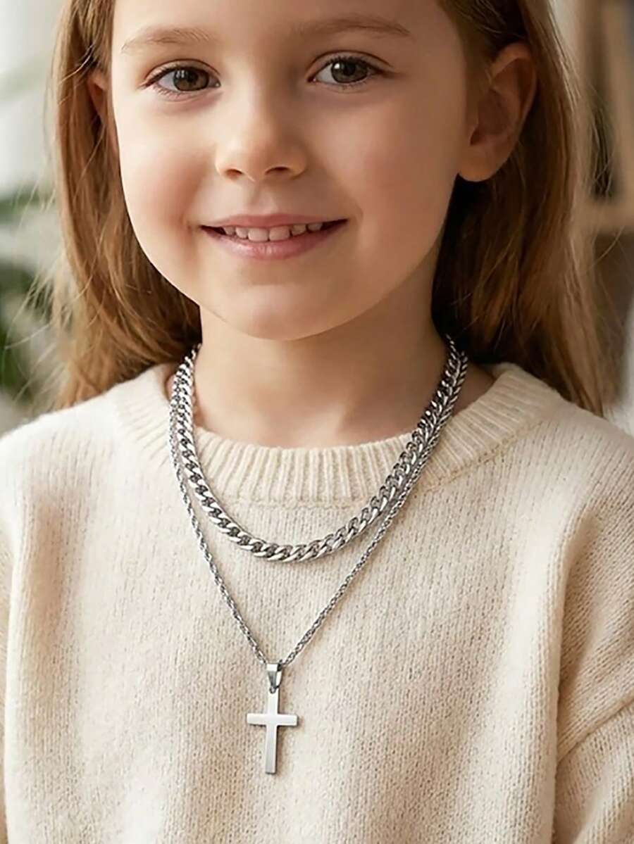 1pc Children's Popular Fashion Cross Decor Twist Cord Necklace & 1pc NK Cuban Link Chain Necklace, Unisex Kids Layered Necklaces, Streetwear Jewelry, Daily Wear - Silver - View 1