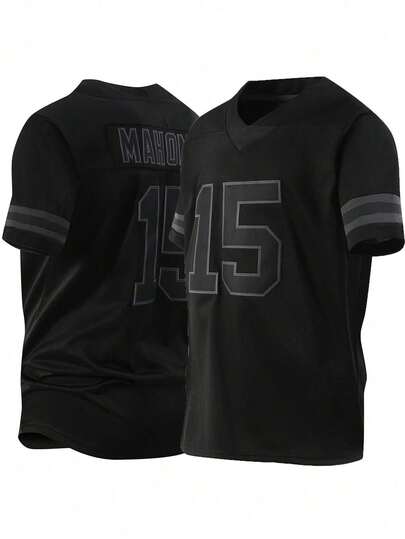 Men's Embroidered American Football Jersey, Black Casual V-Neck Short Sleeve T-Shirt, Sports Pullover For Party