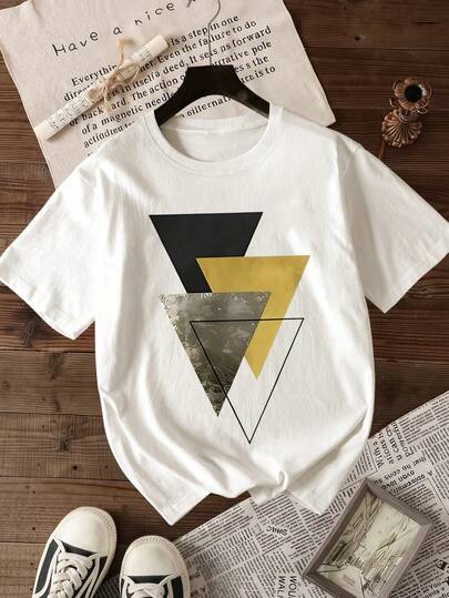 Plus Size Women's Modern Geometric Triangle Print Cotton Round Neck Short Sleeve Loose Casual T-Shirt, Spring/Summer