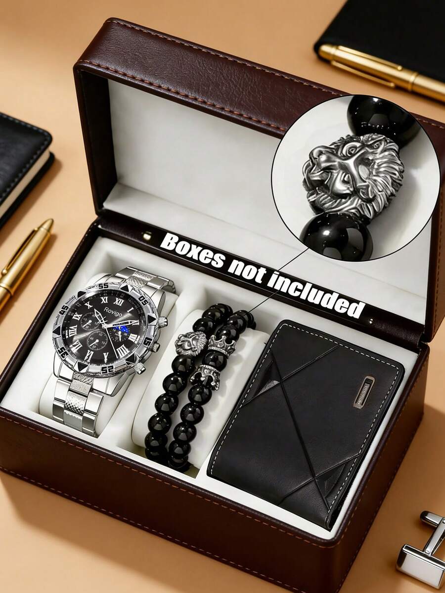 Bộ 3 món phụ kiện bạc nam phong cách mạnh mẽ, bao gồm 1 đồng hồ thạch anh số La Mã màu đen, 1 vòng tay hạt cườm hình đầu sư tử màu bạc và đen, và 1 ví da họa tiết hình học màu đen với khóa kim loại bạc. Thiết kế nổi bật và chắc chắn, toát lên vẻ quyến rũ thời trang. Thích hợp cho năm mới, công sở và nhiều dịp khác nhau. - Bạc - Xem 1