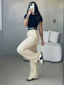 Women's High Waist Wide Leg Pants, Casual Elegant Office Trousers, Solid Color Loose Straight Leg Pants, Soft Comfortable Daily Casual Pants, Fashionable Minimalist Spring/Autumn Workwear - 卡其色 - 查看 4