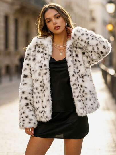 Women's Luxury Leopard Print Faux Fur Jacket, Elegant Fluffy Furry Coat, Soft & Warm Winter Outerwear, Suitable For Carnival Parties, Nightlife, Street Fashion, Teddy Bear Coat Style
