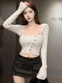 新款性感方领针织露脐短款上衣，露脐设计，高腰修身，适合春夏穿着 - 乳白色 - 查看 4