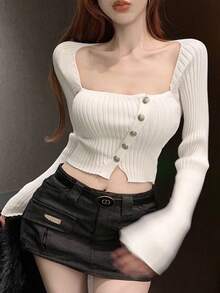 新款性感方领针织露脐短款上衣，露脐设计，高腰修身，适合春夏穿着 - 乳白色 - 查看 5