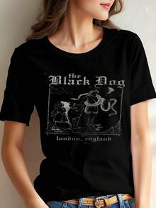 Camiseta gráfica The Black Dog, letras, vintage, camiseta unisex, academia, torturado Po - Negro - Ver 1
