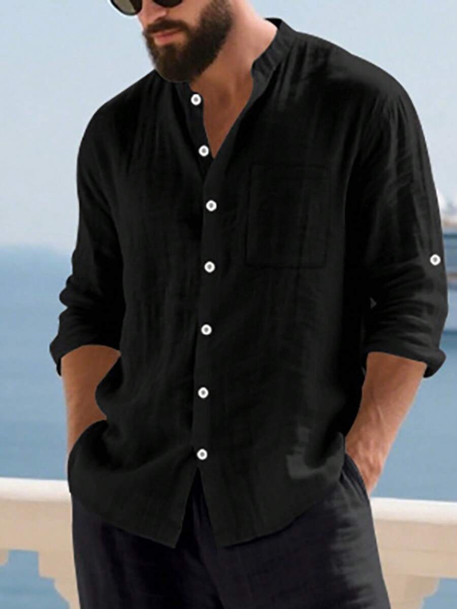 Men's Spring/Summer Linen Stand Collar Long Sleeve Button-Up Shirt, Rolled Sleeve Design, Loose Breathable Stylish, Suitable For Beach Vacation & Casual Daily Wear, Size XS-XXXL, European & American Oversized Fit, Slightly Sheer Fabric, Choose According To Needs And Body Type - Đen và trắng - Xem 1