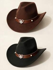 Women's Brown Western Cowboy Hat With Heart-Shaped Metal Decor, Pearl Rivet Embellishment, Leather Hat Band, Fashionable Cowgirl Hat Suitable For Daily Wear And Outdoor Activities. This Women's Brown Western Cowboy Hat With Pearl Rivet Heart-Shaped Leather Hat Band Is An Ideal Choice For Participating In Rodeo Competitions And Casual Outfitting. - Women's Heart Pearl Hat - View 2