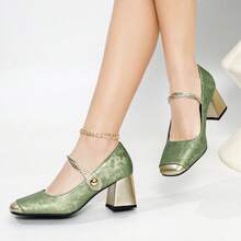 Women's High-Heeled Shoes, Round Toe, Chunky Heel, Single Strap With Buckle, Embroidered Floral Design On The Upper, Elegant And Unique, Suitable For Parties, Banquets, And Everyday Commuting. Shipped From Local Warehouse. - 綠色 - 查看 5