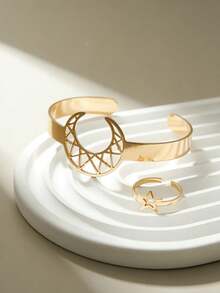 2pcs Fashionable & Elegant Moon Hollow & Star Ring Set, Suitable For Ramadan, Party, Celebration, Gift, Jewelry Set With Unique Design - Yellow Gold - View 3