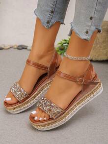 Sandalias de plataforma con cuña, con remaches y adornos de rhinestone, de moda para el verano. Cómodas y ligeras, adecuadas para uso casual, fiestas, citas, vacaciones. Color marrón, tallas grandes - PU de color marrón óxido - Ver 4