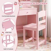 COSTWAY Kids Study Desk And Chair Set, Student Writing Table With Chair, Open Shelves, Cork Bulletin Board & 4 Drawers, Children Computer Workstation For Home School Use, Pink - Pink - View 3