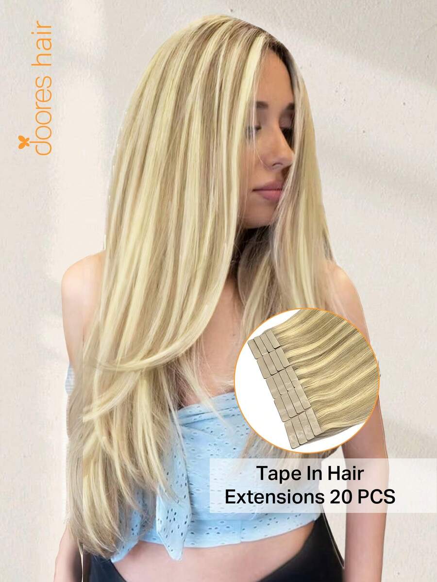 DOORES 50g 20pcs Tape-In Hair Extensions 100% Remy Human Hair Light Blonde With Golden Highlights Heat-Resistant Ironable Dyeable Seamless Tape Bonding Volume Boost