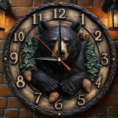 9.8인치 빈티지 블랙 베어 나무 벽시계 - 원형 무소음 무브먼트, 농가 스타일, 읽기 쉬움, 똑딱거림 없음, 배터리 작동 (배터리 미포함) - 주방, 침실, 사무실 장식에 이상적