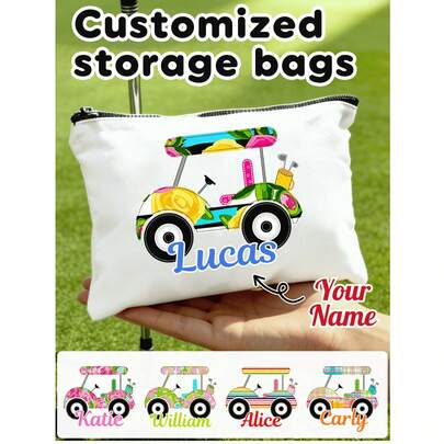 Custom Golf Cart Styling Accessory Bag, Personalized Car-Themed Canvas Pouch, Zipper Design, Portable Makeup Bag, Customizable Name Storage Pouch, Gifts, Presents, Personalized Gifts, Name-Embroidered Canvas Bag, Multi-Colored Car Pattern Gift Bag, Essential For Back-To-School Travel, Beach Trip Storage Bag