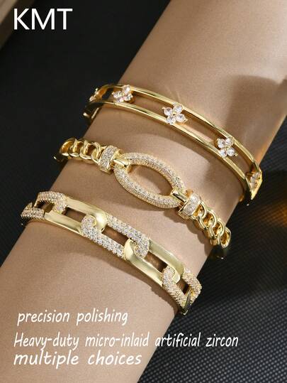 1pc Copper Inlaid Cubic Zirconia Women's Fashion Bracelet, Niche Design Luxurious Accessories In Gold Or Silver Color, Suitable For Daily Wear, Parties And Gifting