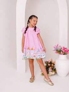 Girls' Themed Dress - , Enchanted Garden, Bees, Butterflies - Graduation, Fashionable, Blogger Style, Cool, For Parties, Birthdays, Everyday Wear, Casual, Girl's Clothing, Teen, Wedding, Printed, Loose-Fitting, Summer, Floral - 粉色 - 查看 2