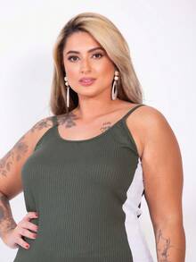 Plus Size Curvy Style Strappy Dress With Thin Straps, Side Slit, Ribbed Fabric, Extra Large, Long, Elastane, For Formal Parties And Maternity Wear. - Army Green - View 4