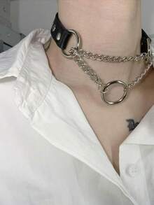 Fashionable European & American Style PU Leather Round Ring Choker Necklace, Punk Street Style Chain O-Ring Neck Strap Shiny Necklace - Black - View 7