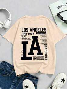 男童极简主义“LA”字母及标语图案圆领短袖T恤，时尚春夏新款青少年男童服装 - 杏色 - 查看 2