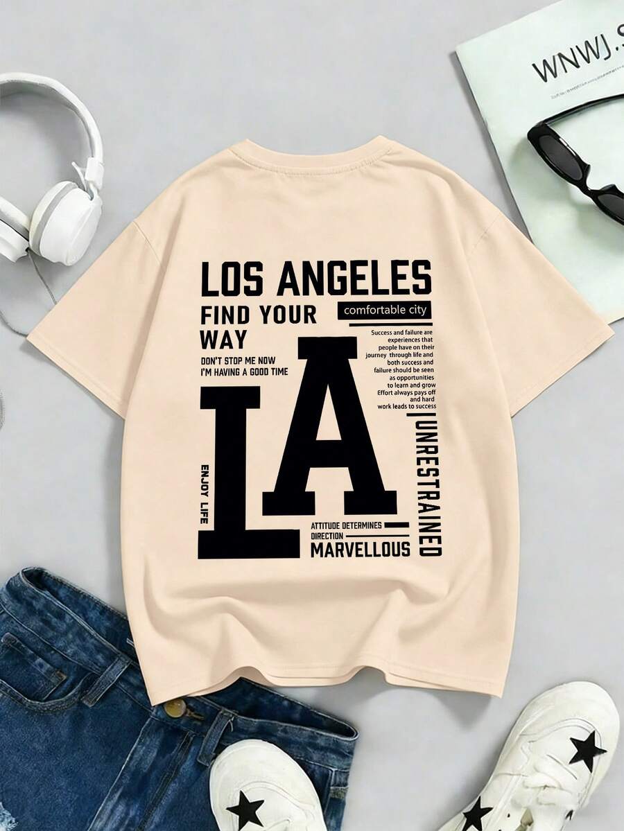 Boys' Minimalist "LA" Letter & Slogan Graphic Round Neck Short Sleeve T-Shirt, Fashion Spring/Summer New Arrival Teenage Boy Clothing - Apricot - View 1
