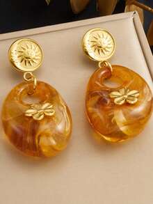 1Pair Temperament Retro Geometric Brown Resin Diamond Hollow Circle Leopard Print Pendant Gold-Plated Small Flower Sun Face Accessory Jewelry Earrings - Hollow Sun - View 1