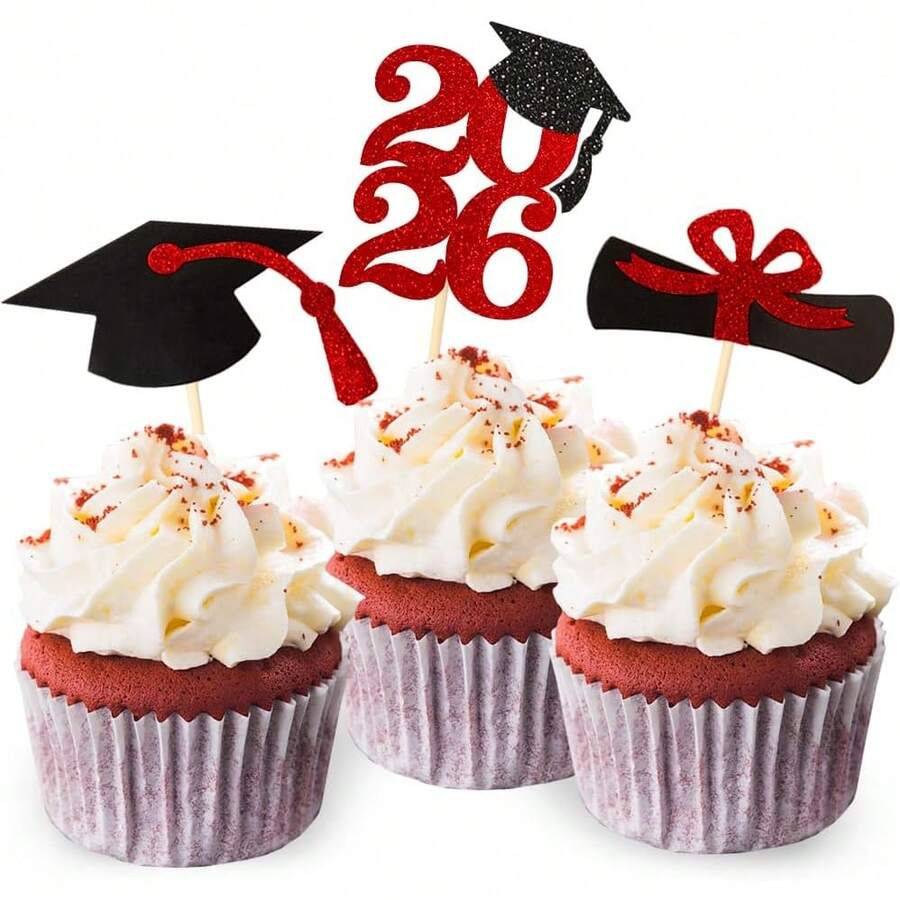 2026年蓝色闪光毕业纸杯蛋糕装饰，2026年毕业派对用品食品/开胃菜签 - 紅色 - 查看 1
