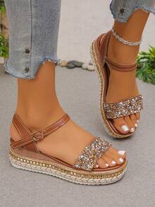 Sandalias de plataforma con cuña, con remaches y adornos de rhinestone, de moda para el verano. Cómodas y ligeras, adecuadas para uso casual, fiestas, citas, vacaciones. Color marrón, tallas grandes - PU de color marrón óxido - Ver 7