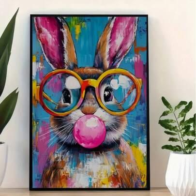 1 pieza Impresión artística en lienzo de conejo caprichoso con gafas - Decoración de pared de Pascua vibrante y colorida, decoración del hogar y la habitación sin marco, regalo ideal para fiestas, accesorios de conejo
