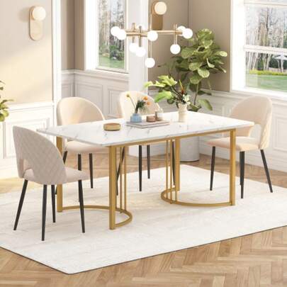 140 X 80cm Esstisch,(1-St), Moderner Küchentisch, Gestell Aus Metall Rechteckiger Esstisch Aus Moderner Marmormuster Küchentisch Mit Verstellbaren Füßen Für Esszimmer Wohnzimmer, White/Golden