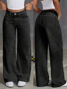 Women's Winter Wide-Leg Jeans Pants - Loose-Fit A-Line Trousers With Full-Length Length, Straight Leg (Machine Washable) - Urban Casual Winterwear For Fall And Winter, A Gift For My Beloved, Valentine's Day Gifts For Wives And Girlfriends - Màu xám không gian thoải mái hơn - Xem 3