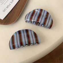 1pc New Blue Coffee Striped Series Hair Claw, Korean Version Acrylic Retro Clip, Girl's Back Head Hair Disc, High-End Versatile Ponytail Clip Women's Accessory - 霧霾藍 - 查看 5