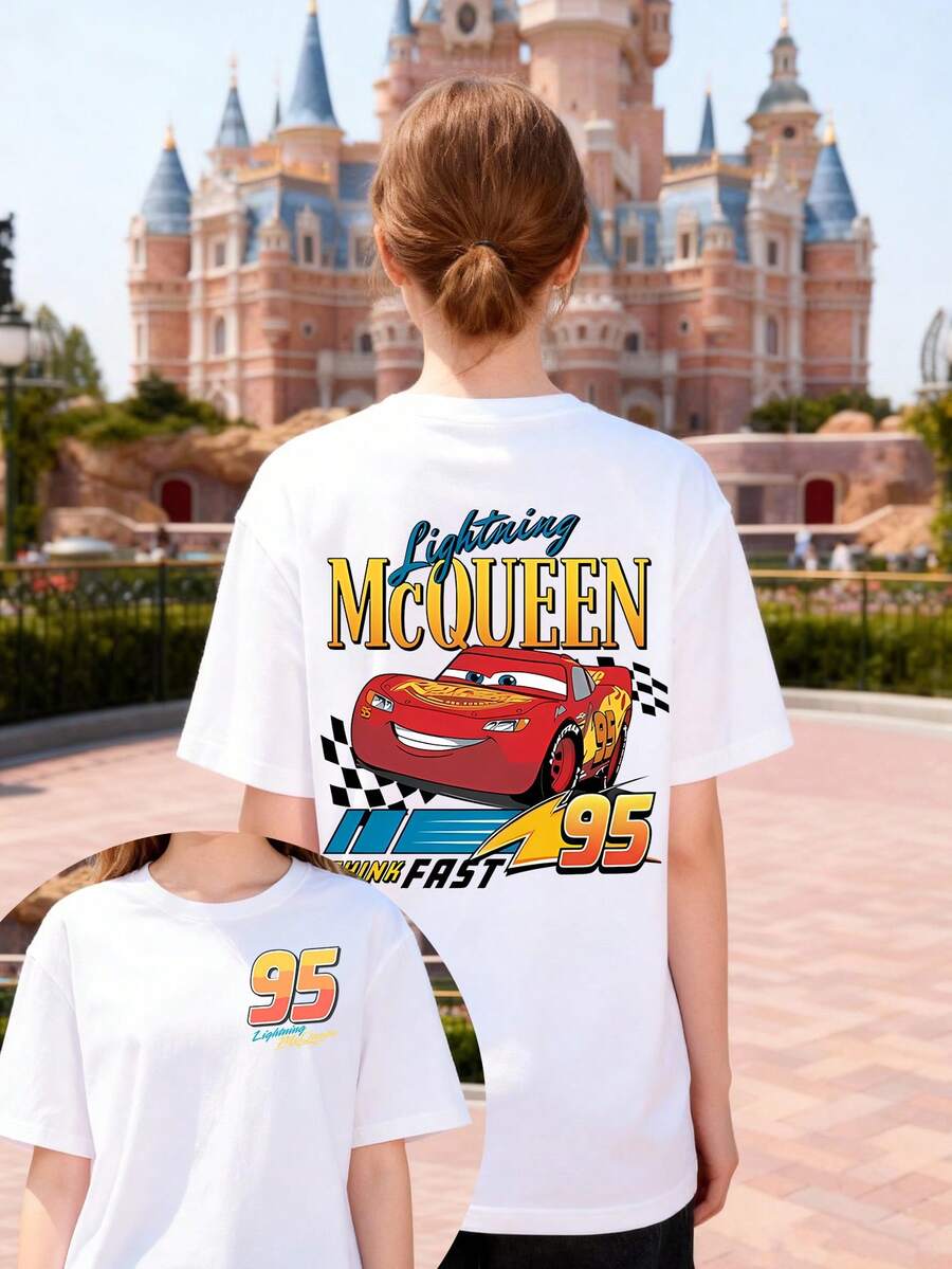 Disney Women's T-Shirt Featuring A Double-Sided Print Of Lightning McQueen From Cars With The Number "95." Made From Soft, Comfortable, And Durable 100% Cotton Fabric. This Spring/Summer Women's Crew Neck T-Shirt Is Perfect For Everyday Wear, Shopping, Parties, Travel, And Gatherings. It Also Makes An Excellent Gift. - White - View 1
