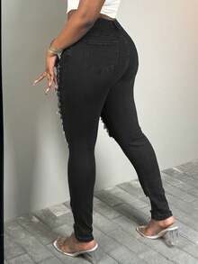 Women's Vintage Torn Sexy Tight Jeans, Slim Fit Elastic Tight Jeans, Women's Denim Clothing - màu đen - Xem 8