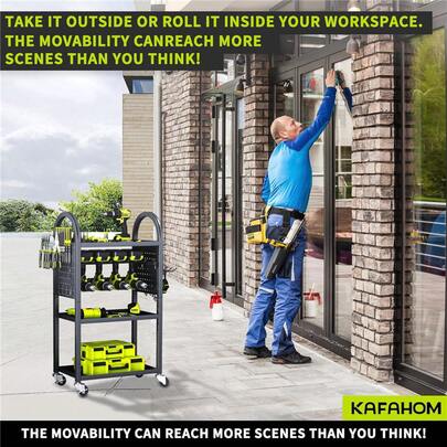 Wheeled Rolling Tool Storage Cart - Mobile Garage & Garden Organizer With Adjustable Shelves, Power Tool Compartments & Hooks, Heavy-Duty Workshop Utility Rack